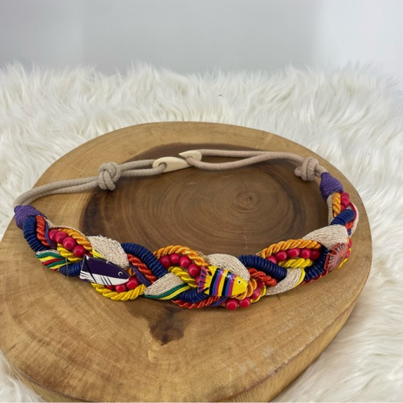 Vintage 80s 90s Beach Coral Fish Wooden Rope Woven Waist Belt with Hook Loop M - Picture 1 of 3